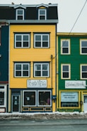 A vibrant yellow and green row of townhouses featuring quaint storefronts. The building on the left is yellow with detailed navy blue trimming and a sign reading 'Posie Row'. To the right, a green building with white-framed windows displays a sign for 'Elaine's Books.' Snow is piled on the sidewalk below.