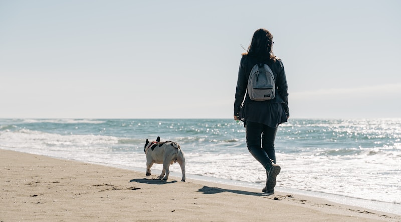 one of the most dog-friendly cities in the US, a woman is walking on the beach with dog