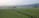 A vast expanse of lush green paddy fields stretches across the landscape, bordered by a line of tall coconut trees in the hazy background. A small house is nestled within the trees, adding a rural charm to the scene.