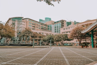 An urban scene featuring a large building with modern architectural elements, complemented by surrounding greenery and sculptures. The area is paved and open, suggesting a public space or plaza. Trees provide a natural contrast to the structured lines of the architecture.