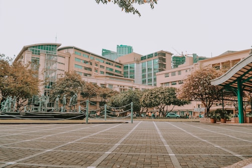 An urban scene featuring a large building with modern architectural elements, complemented by surrounding greenery and sculptures. The area is paved and open, suggesting a public space or plaza. Trees provide a natural contrast to the structured lines of the architecture.