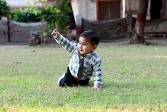 A young child wearing a plaid shirt and tie is crawling on a grassy field. The background shows a garden with greenery and a brick wall.