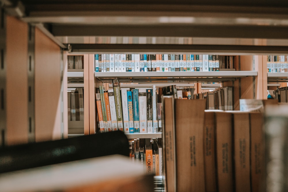 books on brown wooden shelf