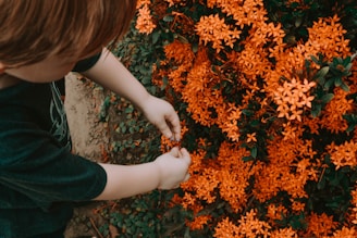 girl in white t-shirt and black pants holding orange flowers