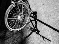 grayscale photo of bicycle wheel on concrete pavement