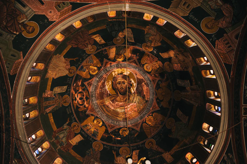 Byzantine ceiling with Christ Pantocrator, Greek Orthodox church interior