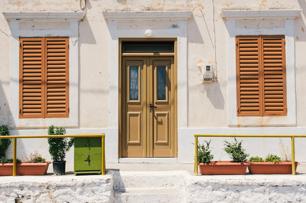 Puerta de madera marrón con planta verde en el frente