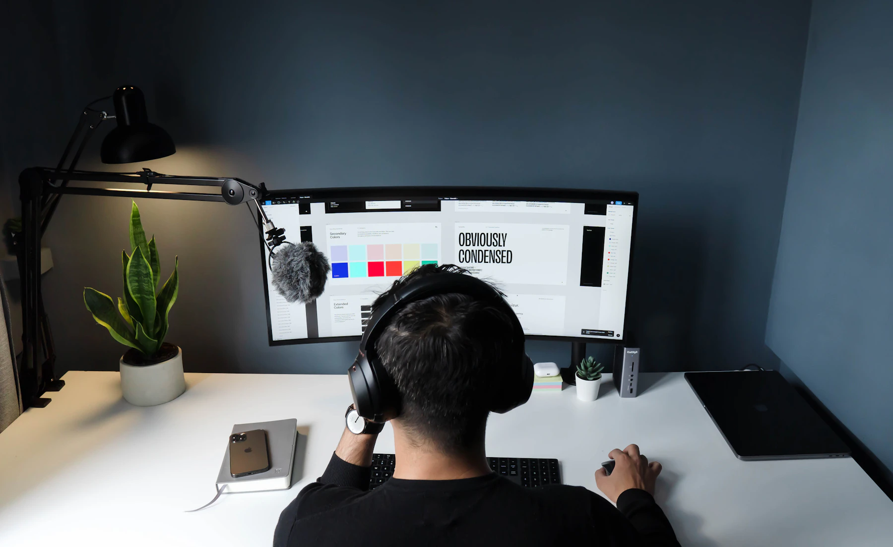 Designer studying a color and typography system on a desktop screen