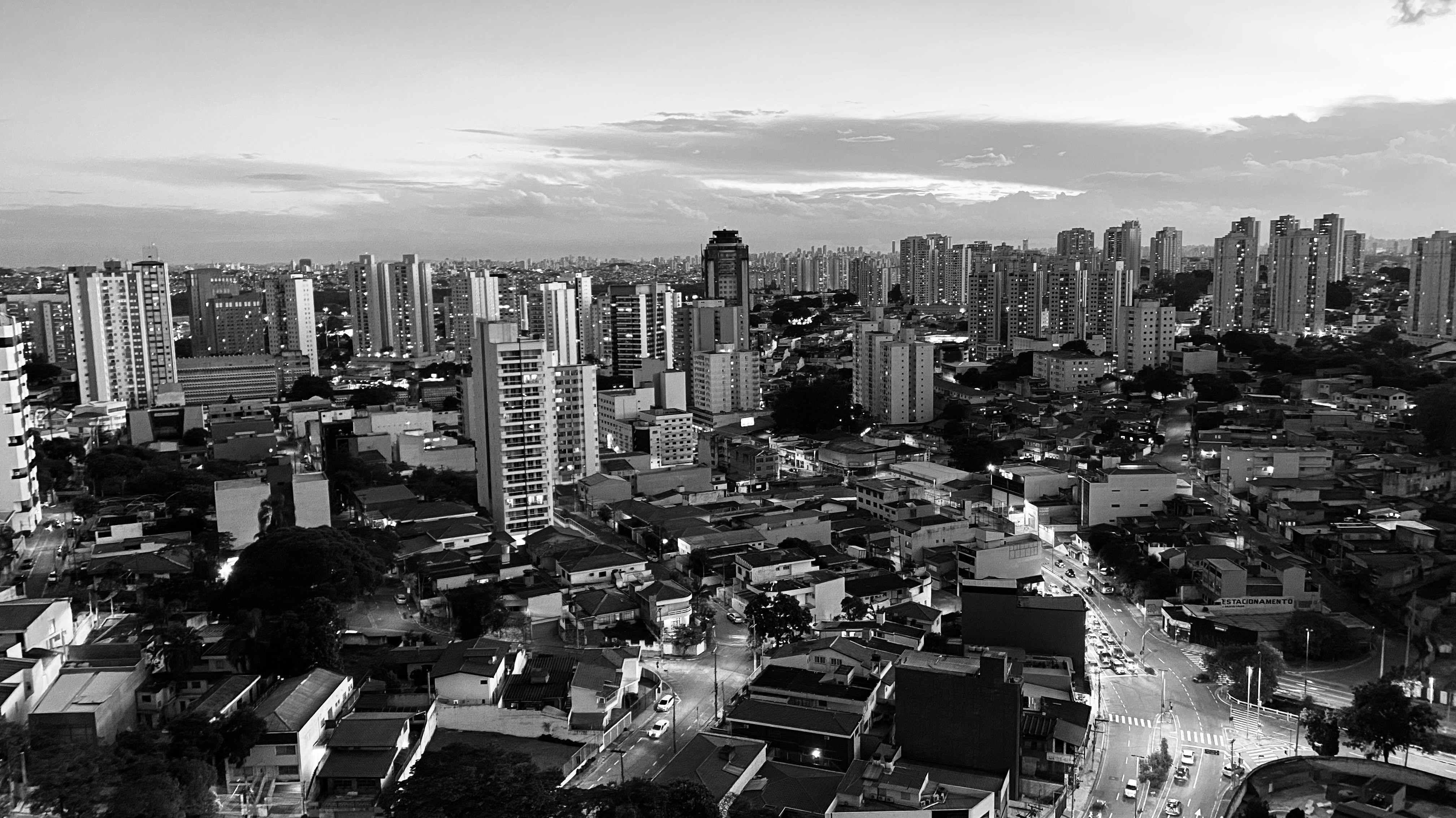 Aerial city skyline at dusk