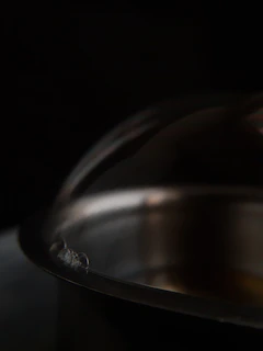 A close-up shot of a polished copper dinner plate catching the light.