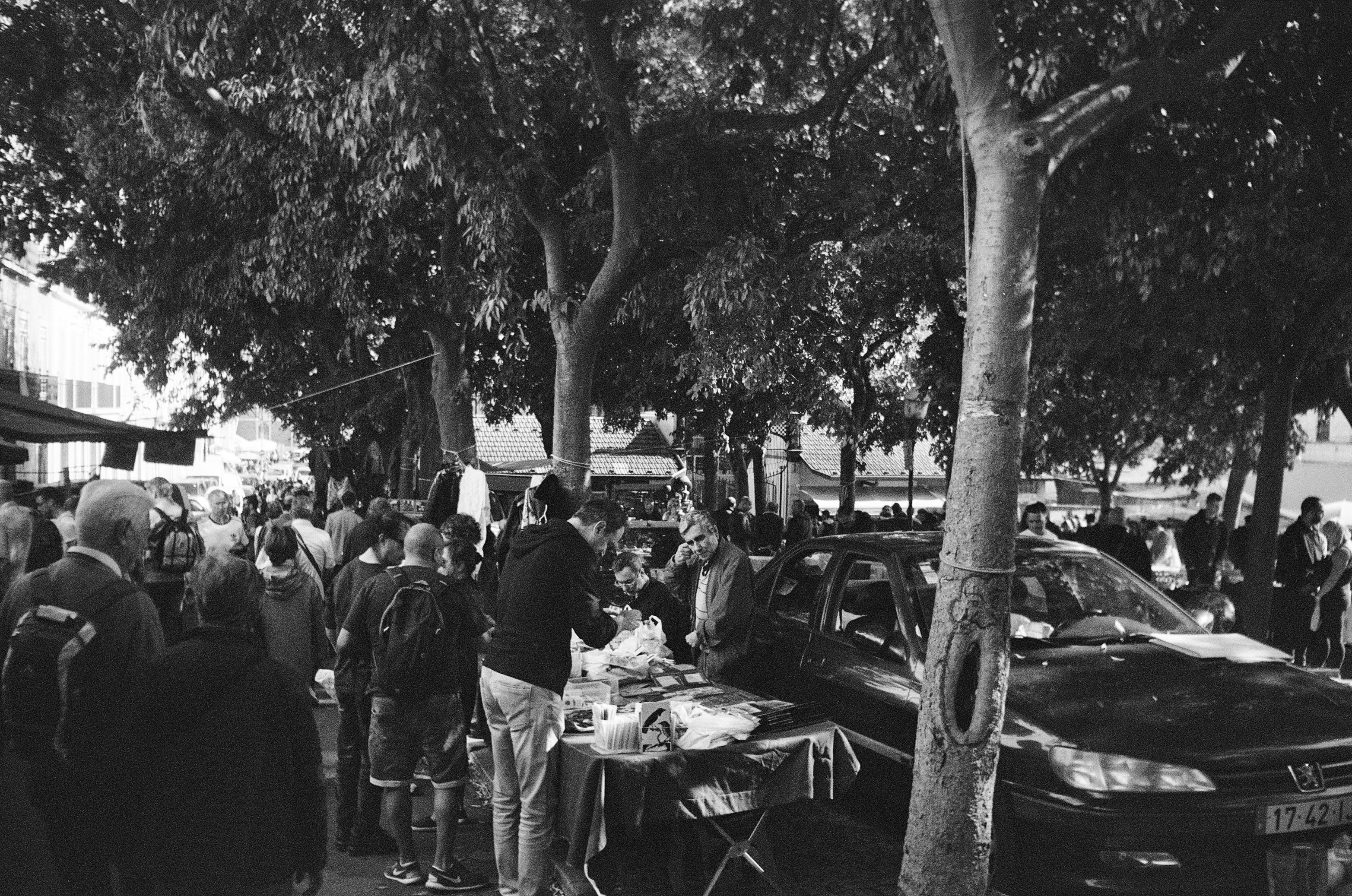grayscale photo of people sitting on chairs near table and trees