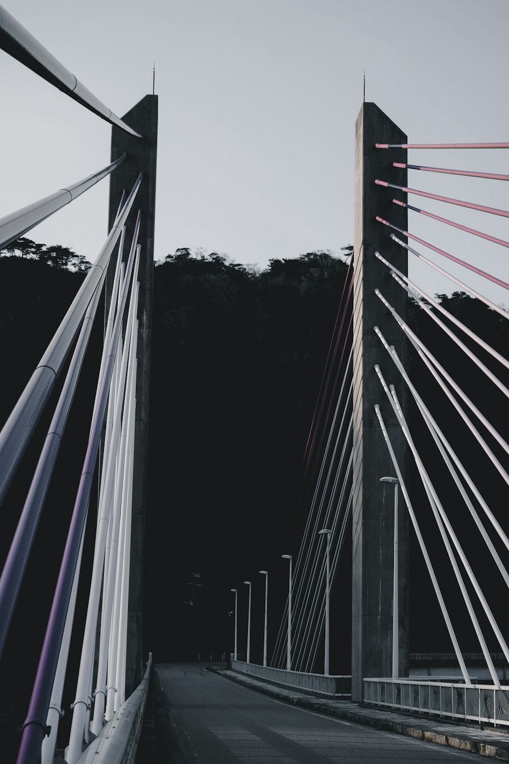 blue and white line on a bridge