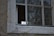 A section of an old window with multiple panes features glass with circular patterns. The window is set in a weathered, beige wall. Outside, the glass reflects a view of trees, while one pane is missing, creating a small opening.
