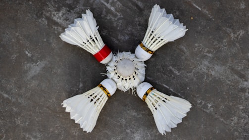 A rack of badminton gear including rackets and shuttlecocks arranged neatly.