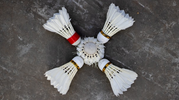 Four white shuttlecocks with feathers arranged in a circular pattern on a grey surface. One shuttlecock has a red band, contrasting with the white feathers and cork tips.