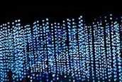Hundreds of small, blue and white LED lights are suspended in rows against a dark background, creating a cascading waterfall effect. The lights appear blurred, contributing to an abstract and ethereal appearance.