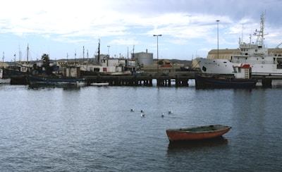 A quiet harbor scene with several fishing boats and a larger research vessel docked along the pier. The sky is partially cloudy, and the water is calm with a few seagulls floating nearby. A small red and blue boat is anchored in the foreground, adding a splash of color against the muted tones of the larger ships and industrial structures in the background.