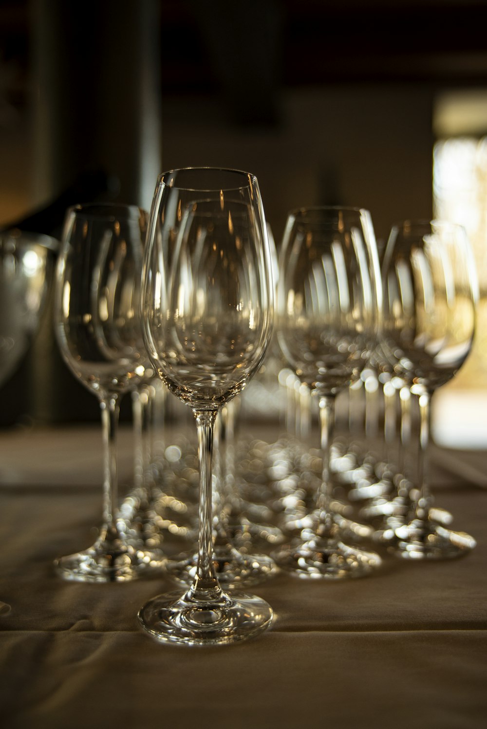clear wine glasses on table