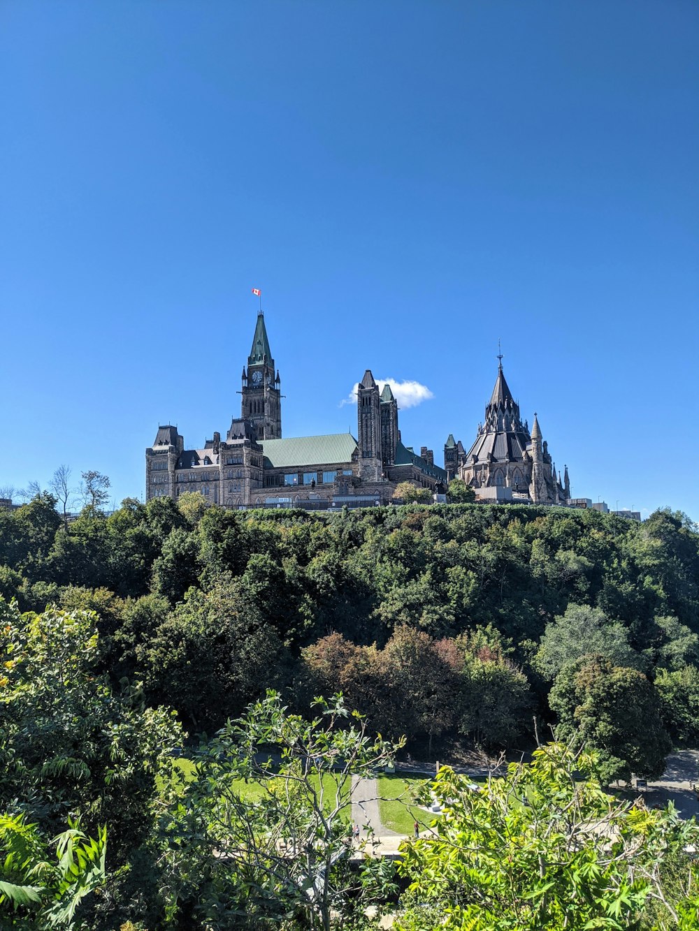 gray and black concrete castle surrounded by green trees under blue sky during daytime