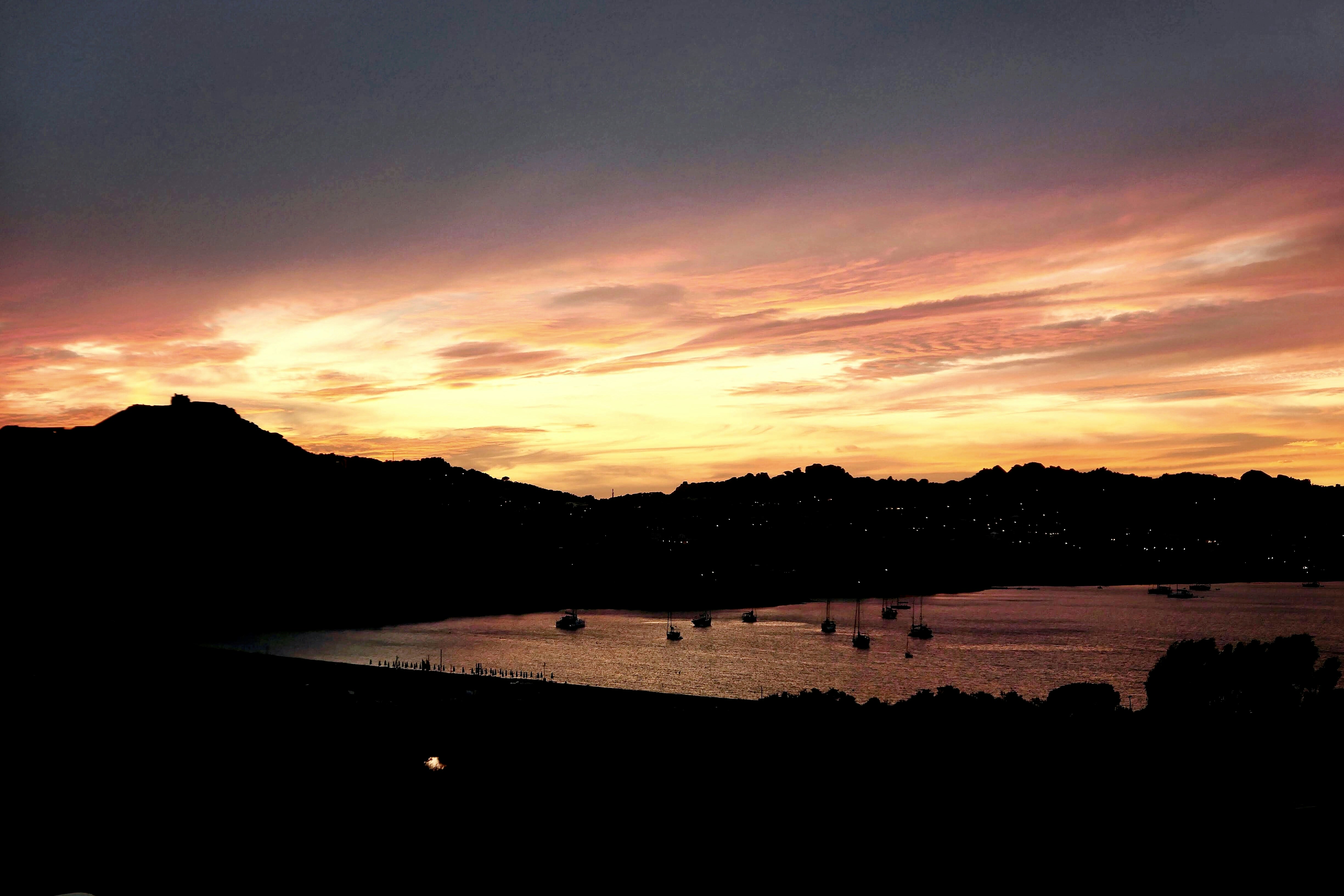 silhouette of mountain during sunset, Sunset, Palau, Sardinia, Italy 