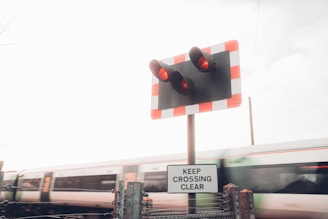 A railway crossing scene features blurred motion of a passing train in the background. There is a prominent red and white striped railroad crossing sign with two black warning lights. A sign below reads 'KEEP CROSSING CLEAR'. The image conveys a sense of movement with the train zooming past the stationary warning signs.
