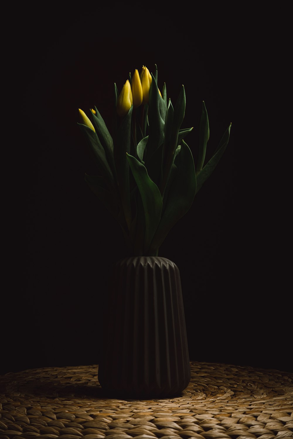 Tulipanes amarillos en jarrón de cerámica blanca