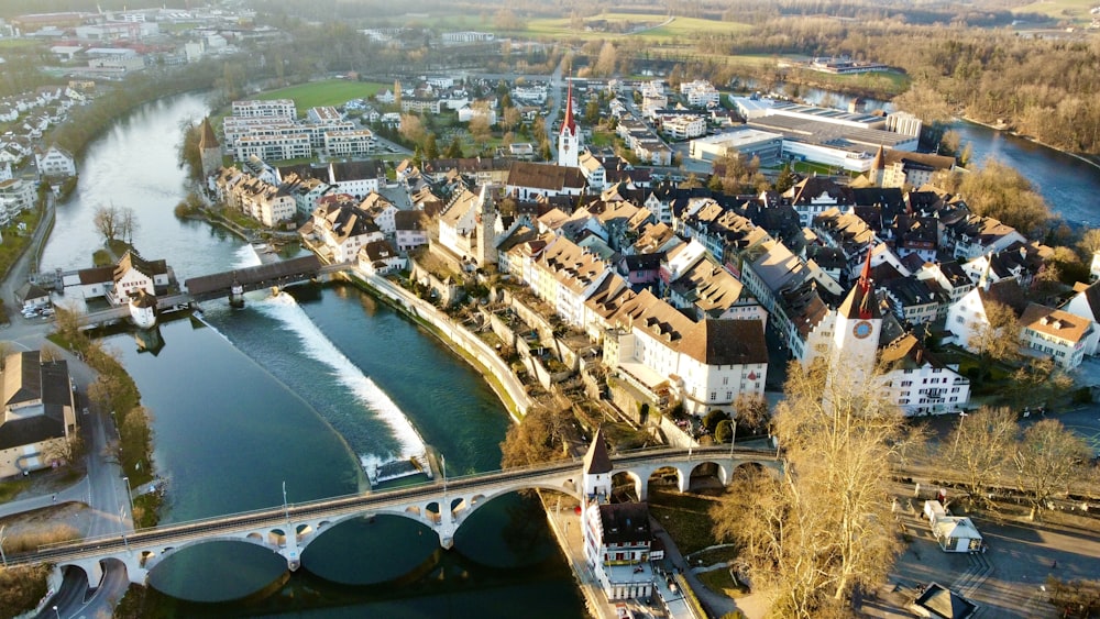 aerial view of city buildings near river during daytime