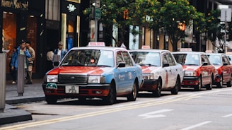 Several taxis in a row are parked along a busy urban street lined with modern buildings and shops. Pedestrians are walking on the sidewalk, and trees can be seen lining the street.