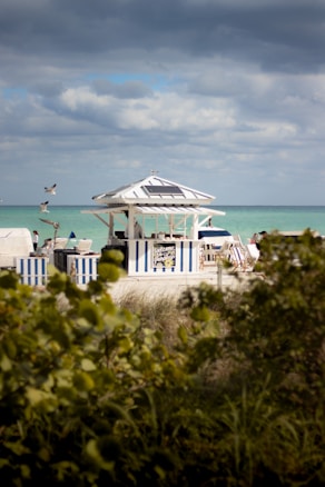 A small beach kiosk with a white and blue-striped design is situated near the sea, surrounded by greenery. The turquoise ocean and cloudy sky form the backdrop, with seagulls flying nearby.