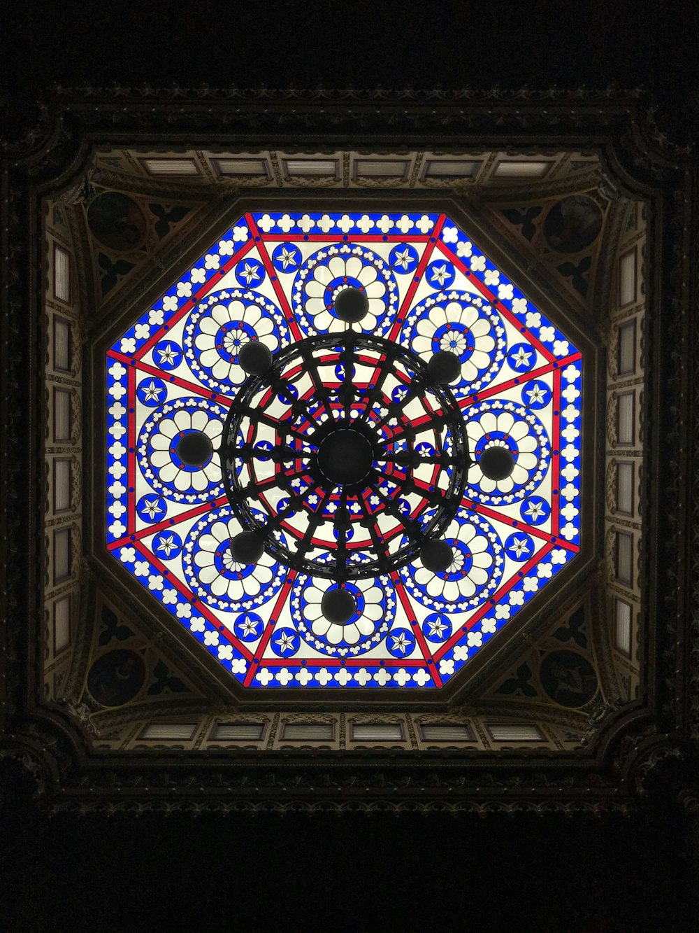 black white and red floral ceiling