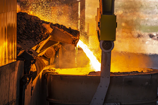 Molten metal pouring from a furnace into a large industrial ladle