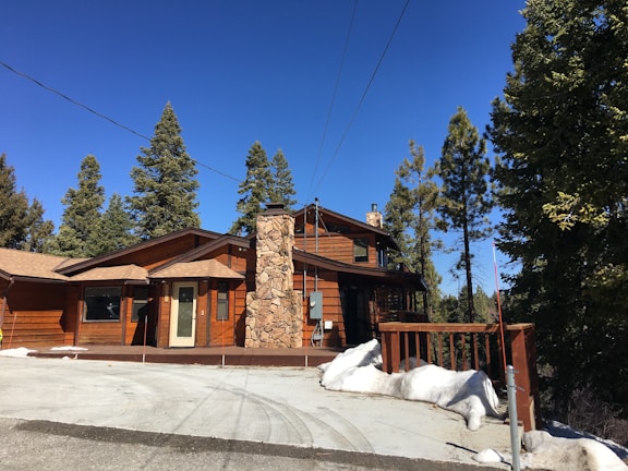 A cozy house framed by tall pine trees under a clear blue sky.