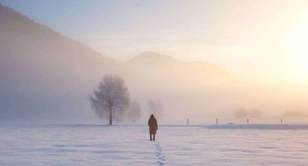 Person, die tagsüber auf einem schneebedeckten Feld spazieren geht