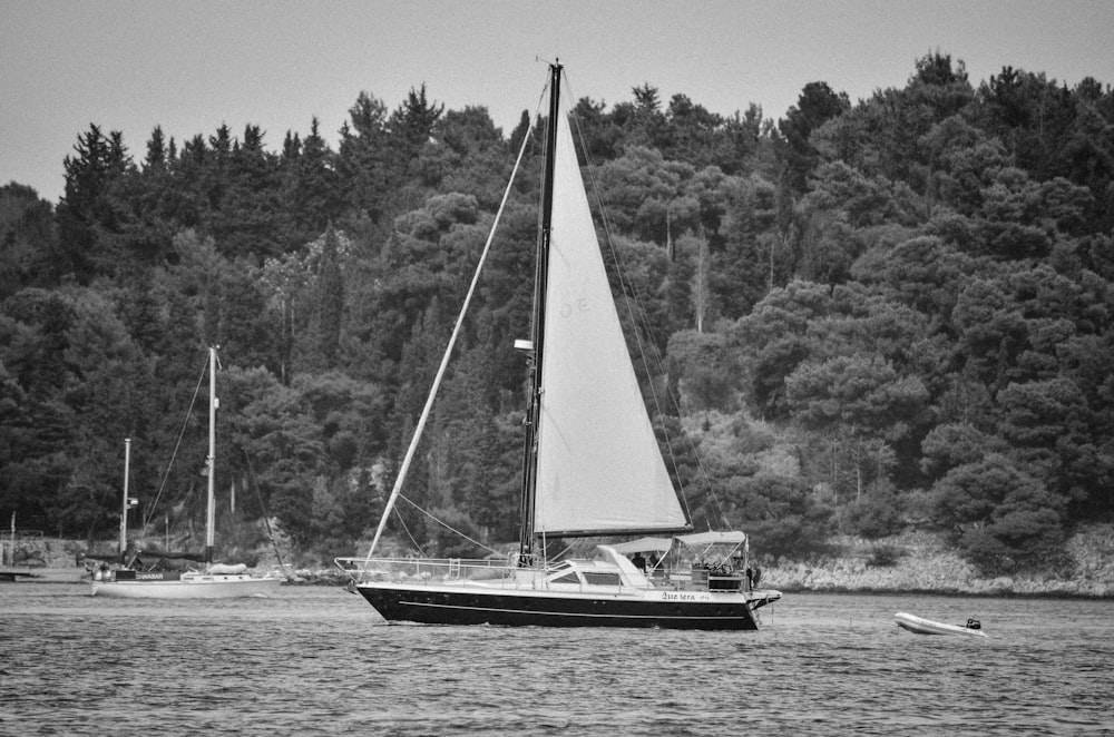 grayscale photo of sailboat on sea