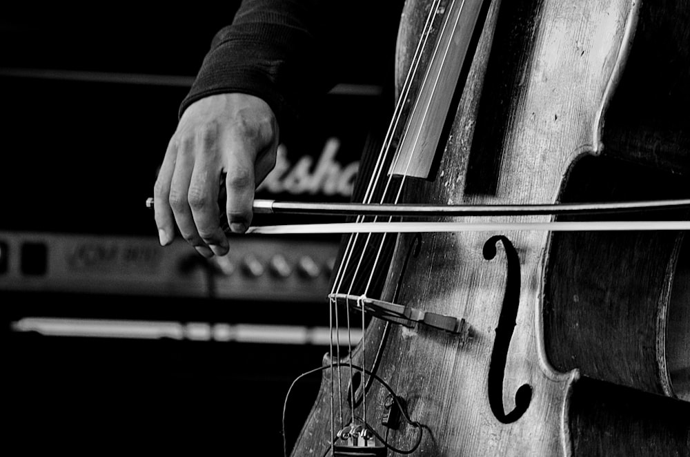 person playing violin in grayscale