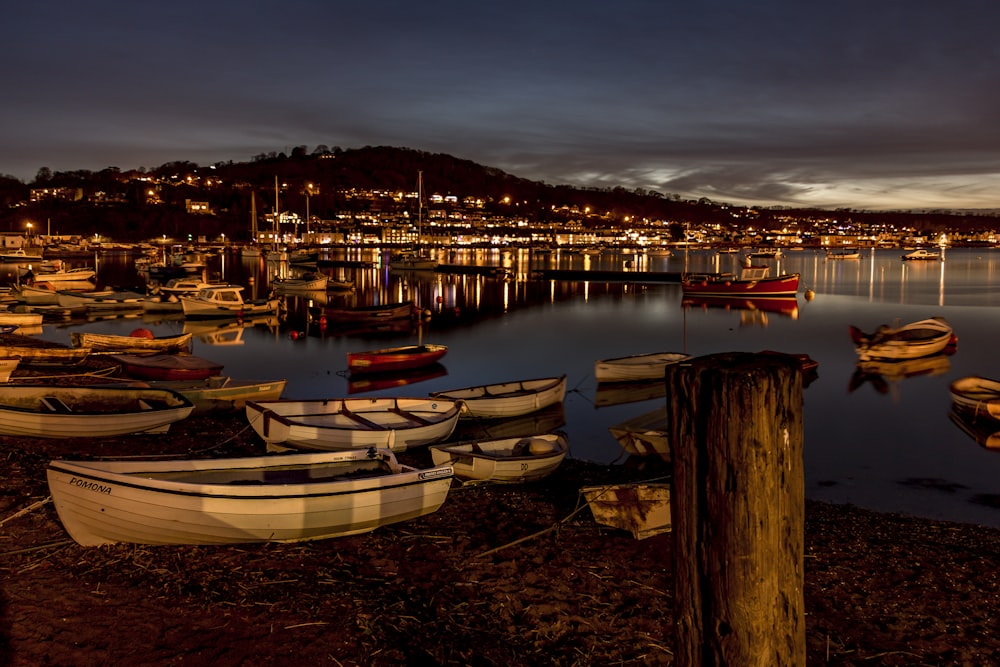 white and brown boats on dock during night time