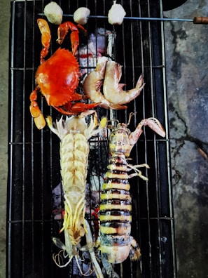 A variety of seafood including a red crab, two large prawns, and a lobster are placed on a grill over smoldering coals. Above them, skewered pieces of food, possibly scallops or mushrooms, are also being grilled. The grilling surface is black with visible grill marks and the coals below emit a reddish glow.