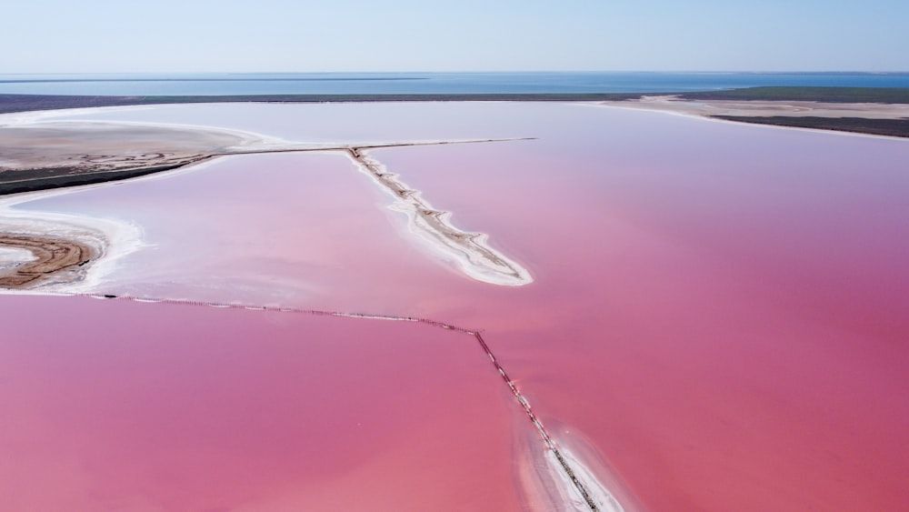 a large body of water with pink water