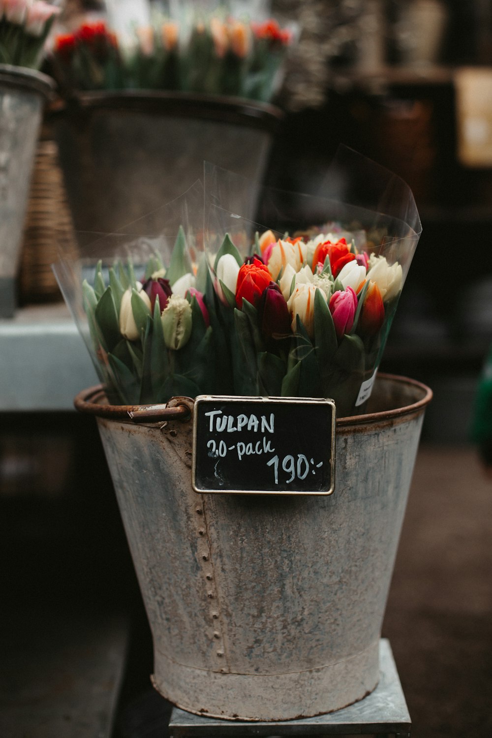 red and white flowers in gray ceramic vase