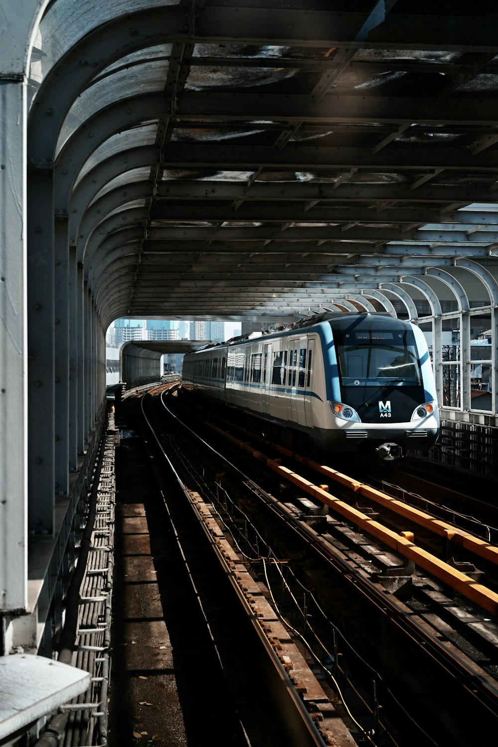 blue and white train in train station