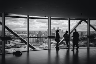 A group of professionals discussing investment strategies in a modern office with city skyline in the background.