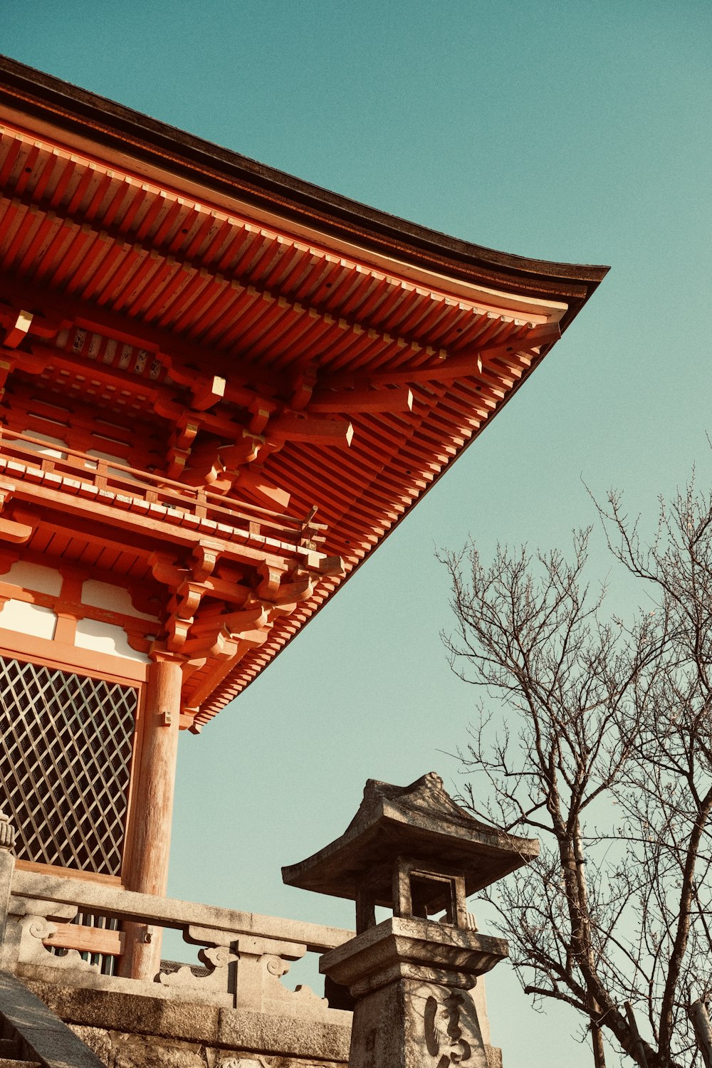 red and white temple near bare tree during daytime