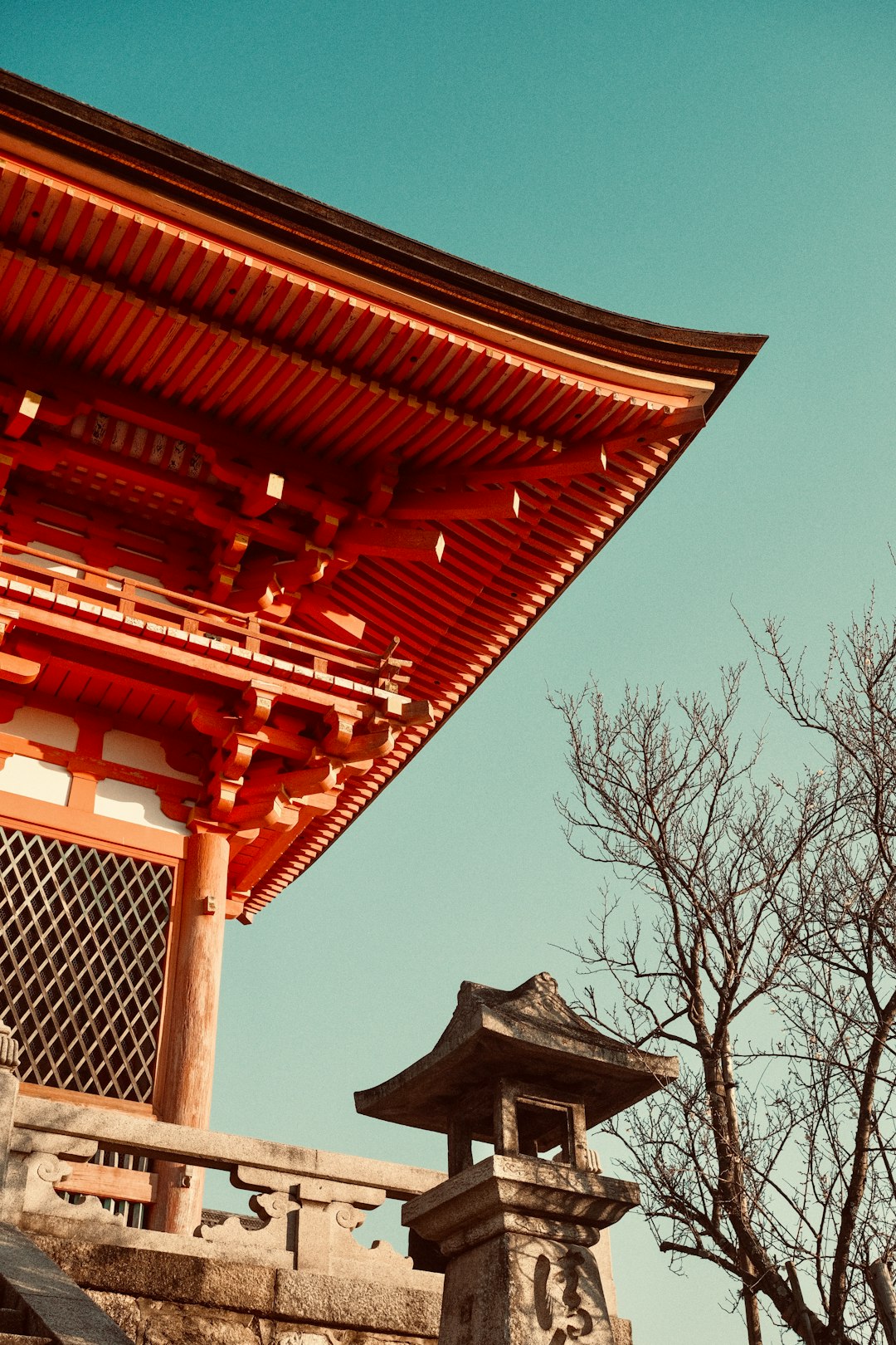 red and white temple near bare tree during daytime