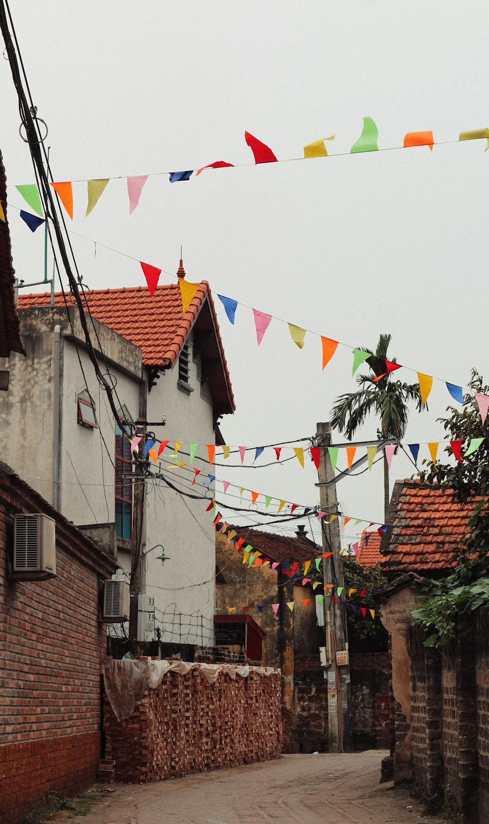 flags on poles near houses during daytime