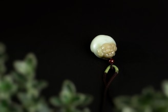 Close-up of a jade pendant carved with traditional Lingnan motifs, glowing softly under natural light.