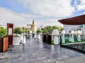 An outdoor terrace with modern seating and large white planters hosting lush green plants. Tall, white standing lamps are scattered throughout the area. The background features a historic tower and palm trees under a partly cloudy sky.