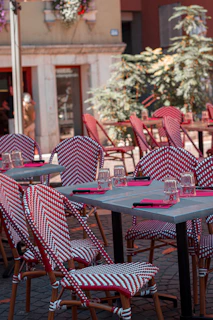 blue table with chairs and blue table cloth