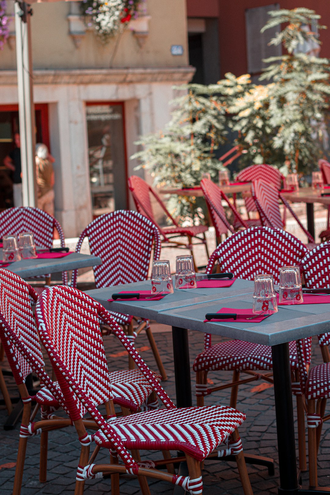 blue table with chairs and blue table cloth