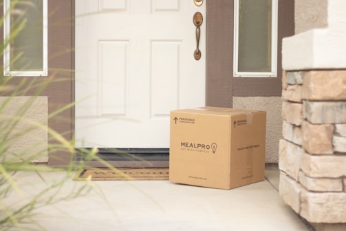 brown cardboard box beside white wooden door
