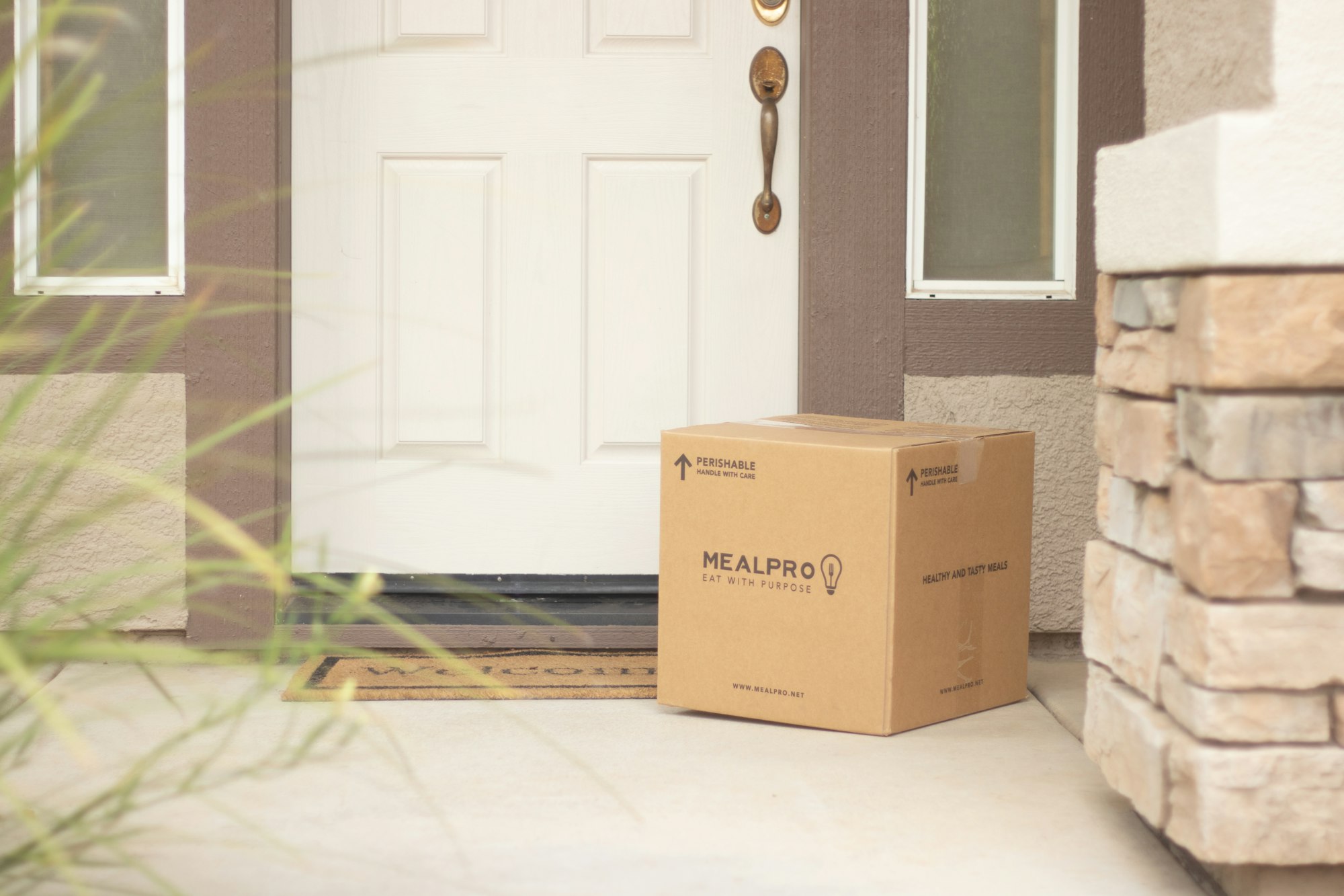 brown cardboard box beside white wooden door